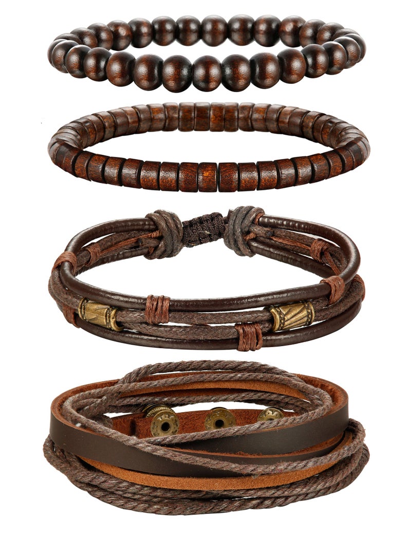 Jstyle 4Pcs Braided Leather Bracelet for Women Mens Cuff Bead Bracelet Set Adjustable Brown - Image 2